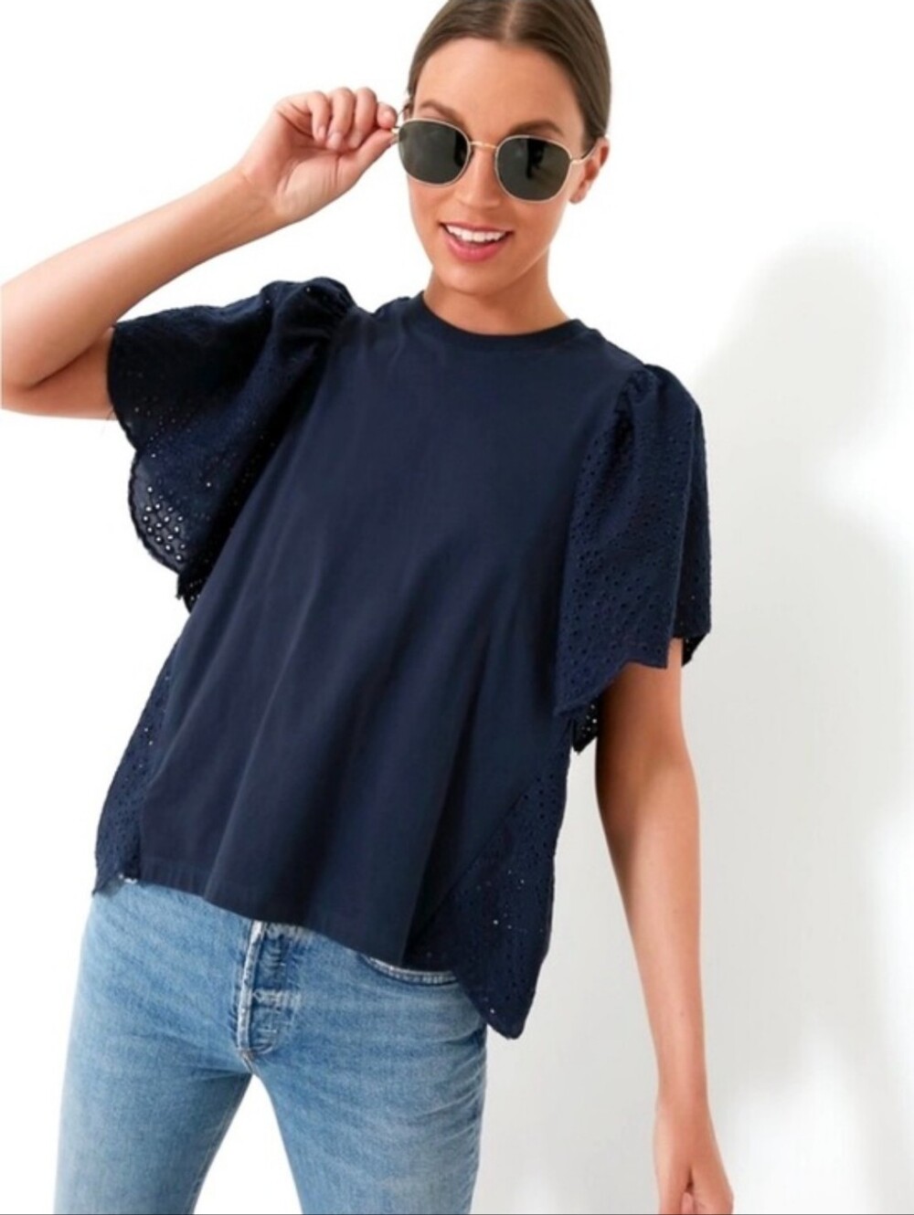 Pomander Place Tuckernuck Navy Blue Eyelet Emi Tee Short Sleeve Size Large